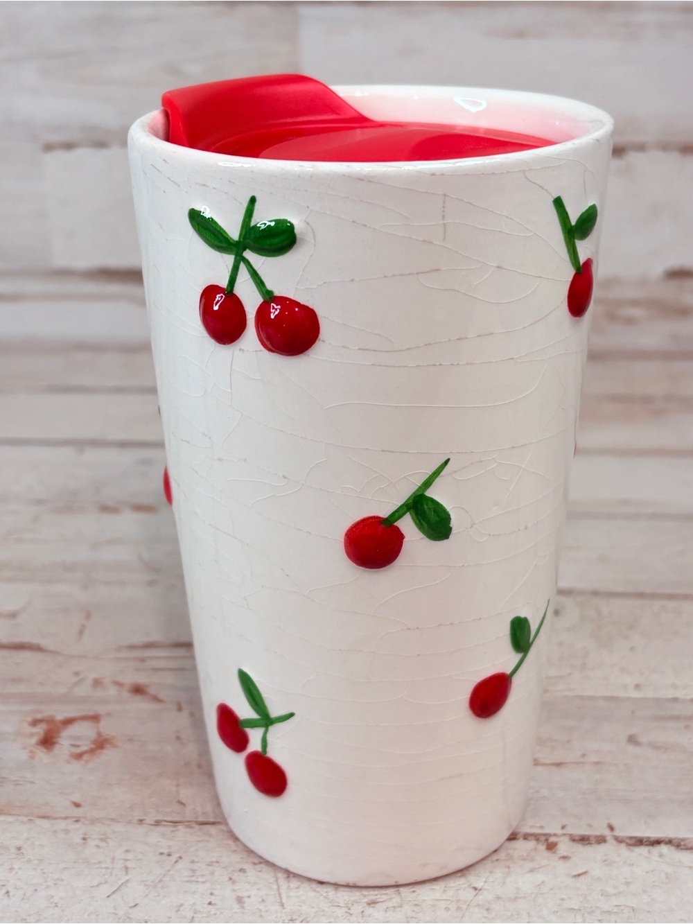 Sunday Mornings Raised 3D Cherry Ceramic Travel Mug Cup Hand Painted w/ Lid